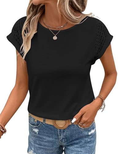 Bliwov Womens Tops Lace Cap Sleeve T Shirts,Cute Trendy Casual,Beach Vacation Outfits,Summer Spring...