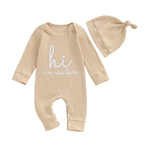 Image of ZAXARRA Newborn Girls Boys Fall Outfits Long Sleeve Crew Neck Romper Bodysuit Gender Neutral Coming Home Hat Clothing Sets