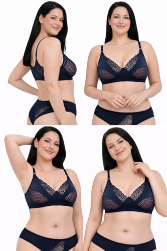 Image of Women Lace Bra And panty set Pure cotton Non-Padded Wire-Free Full Coverage Soft Breathable Fabric Comfortable Innerwear