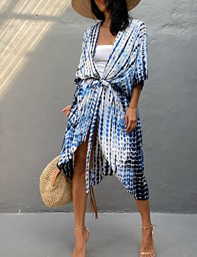 Image of Bsubseach Stylish Tie Dye Open Front Long Kimono Swimsuit Coverup for Women