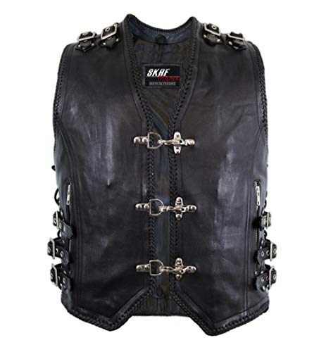 Skaf Impex Men's Genuine Cow Leather Heavy Buckled Zipper Braided Rocker Biker Motorcycle Vest Waistcoat Xs~7Xl (S) #TOP1