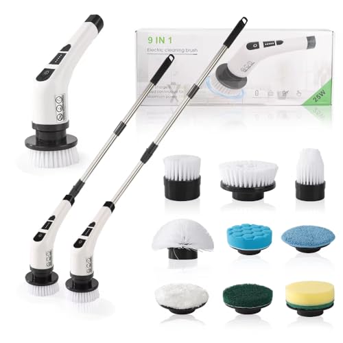 XBllcyiv Electric Spin Scrubber, Cordless Cleaning Brush with 9 Replaceable Brush Heads, Tub and Floor Tile 360 Power Scrubber Dual Speed with Adjustable Detachable Handle for Bathroom Kitchen Car (9)