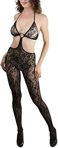 Image of ToBeInStyle Women's Bodystocking Crotchless Peek-A-Boo Fishnet Lace Bodysuit