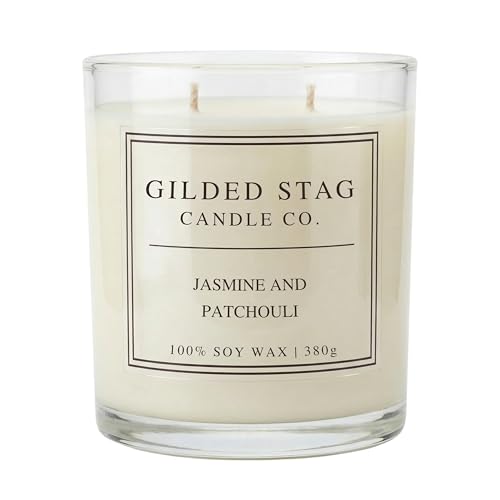 Gilded Stag Scented Candle - Jasmine & Patchouli - Large 2 Wick Soy Wax Candle - Luxury Home Décor Fragrance & Gifts for Women - 50 Hours Burn, 50cl Glass Jar