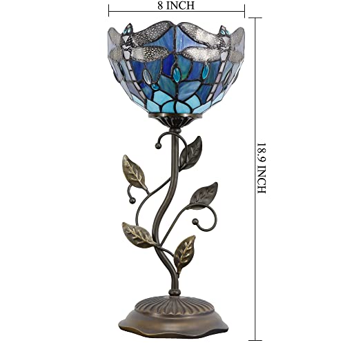 Rhlamps Small Tiffany Table Lamp 8" Sea Blue Stained Glass Dragonfly Style Shade 19" Tall Antique Vintage Metal Leaf Base Mini Bedside Accent Desk Torchiere Uplight For Living Room Bedroom #TOP1