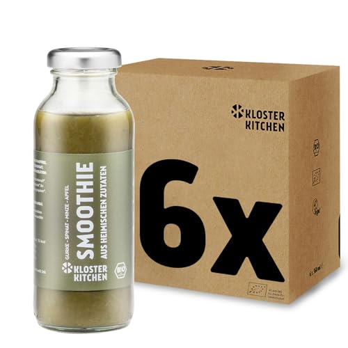Kloster Kitchen Bio Smoothie Verde Pepino Espinacas Menta Manzana 6x 250 ml I Desayuno Vegano Superfood I Botella de Vidrio Para Llevar I Powerfood con Ingredientes Locales