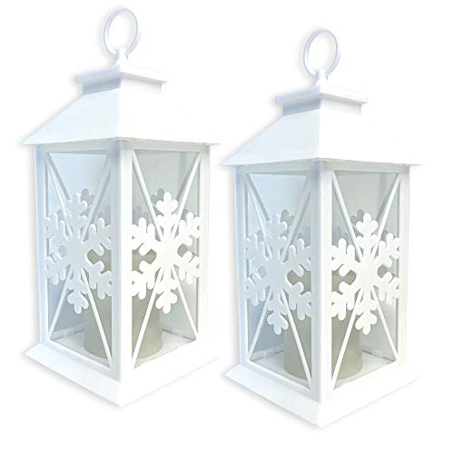 Snowflake Lanterns - Set of 2 White Lanterns with a Cut Out Snow Flake Design - LED Pillar Candle with 5 Hour Timer Included - LED Lantern - 13 Inches