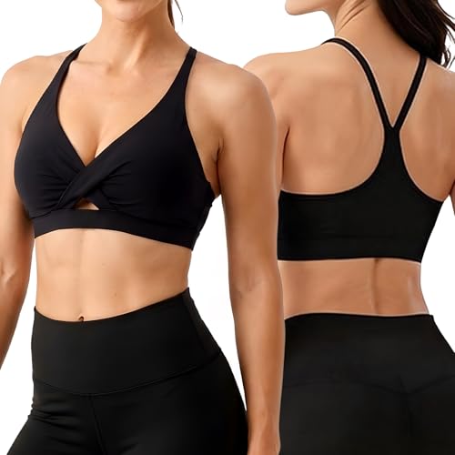 Oimzev V Neck Sports Bras for Women Medium Support Yoga Tops Y Back Spaghetti Straps Workout Bra with Removable Cups Large Black