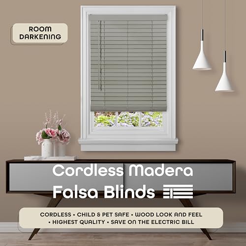 Cordless Room Darkening Plantation Blind - 36 Inch Width, 52 Inch Length, 2" Vinyl Slat Size - Grey - Madera Falsa Faux Wood, Light Filtering Horizontal Windows Blinds by Achim Home Decor by ACHIM - Used condition - US$17.07