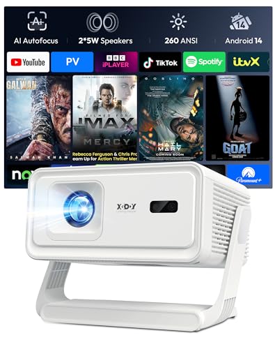 Xgody A1 Videoprojecteur 4K 8K supporte, Mini Projecteur Video Portable WiFi 6 Bluetooth 5.4, Autofocus, Obstacle Avoidance, Calibration Automatique...