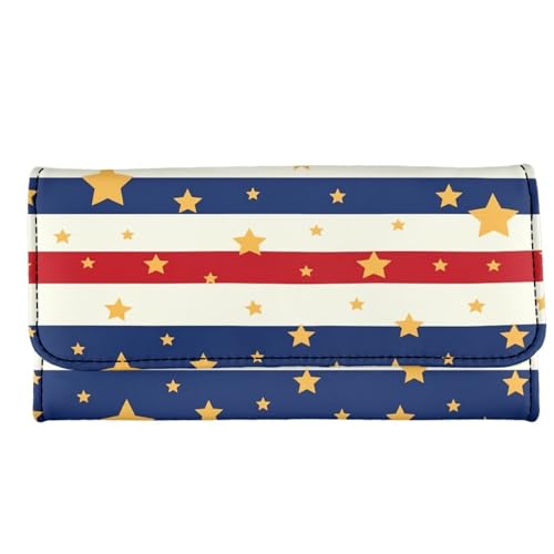 Image of AFPANQZ Leather Wallets for Women RFID Blocking Checkbook Wallet with Cit Card Slots, American Stripe Star Women's Leather Purse Large Capacity PU Purses with Zipper