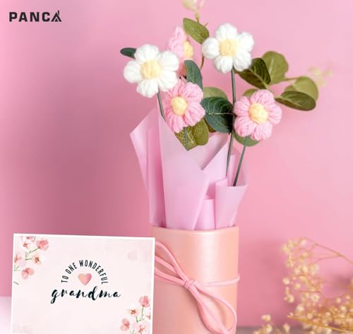 Image of PANCA Handmade Crochet Flower Bouquet (Pink) | Knitted Artificial Flower Arrangement with Vase | Cute Aesthetic Gift for Birthday, Anniversary, Wedding & Home Office Desk Decor