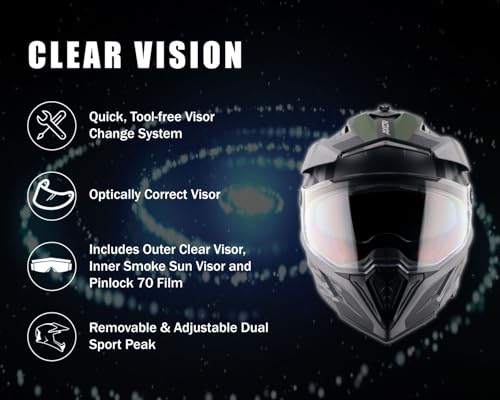 Image of Axor X-Cross Orbit ISI ECE and DOT Certified Premium Off-Road Full Face Helmet with Pinlock Fitted Dual Visors and Stylish Peak-Dull Athena Grey Black-L
