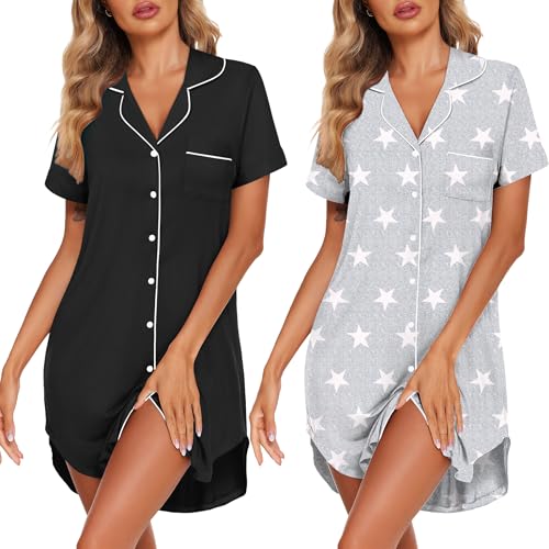 Image of Ekouaer 2 Pack Nightgowns for Women Button Down Sleepshirts Short Sleeve Sleepwear V Neck Nightshirt Pajama Dress
