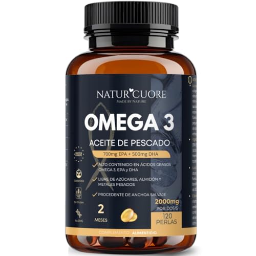 Omega 3 2000mg | 120 perlas | Procedente de Anchoa Salvaje | Sin Mercurio | Alta concentración EPA700 mg+DHA 500mg | Vitamina E - Naturcuore - Cápsulas de Fish Oil Naturcuore