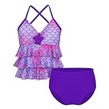 Agoky Mädchen Kinder Tankini Bikini Sets Bademode mit Rüschen Träger Meerjungfrau Cosplay Kostüm Badebekleidung Badeanzug Oberteile und Slip gr. 98 104 116 128 140 152 164 Violett 98