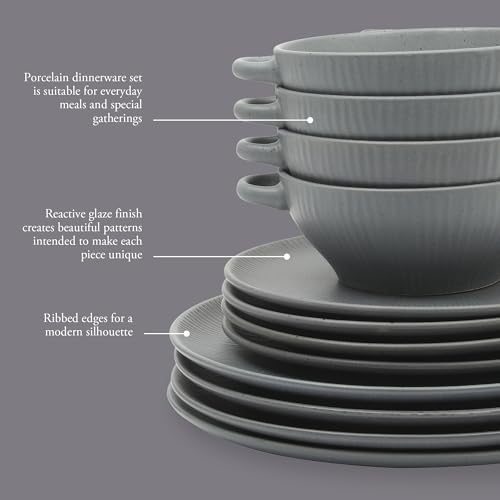 Image of Gibson Elite Clover Hill 12-Piece Stoneware Dinnerware Set - Dark Blue Embossed Plates and Bowls with Matte Speckled Reactive Glaze, Service for 4 - Microwave & Dishwasher Safe