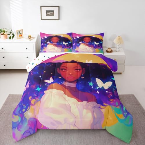 Image of Erosebridal Black Princess Bedding Sets American Afro-Girl Comforter Set Moon Galaxy Girl Butterfly Decorations Bedding Queen