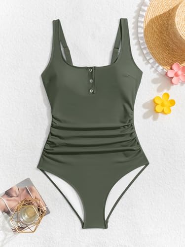 Image of B2prity One Piece Swimsuit for Women Tummy Control Ruched Slimming Bathing Suit Button Full Coverage Swimwear
