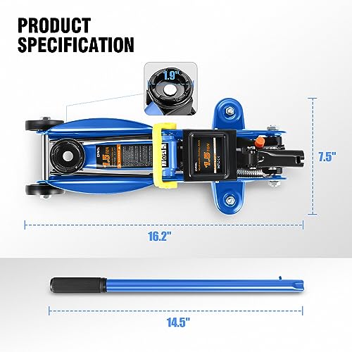 Image of DNA Motoring 1.5 Ton Car Floor Jack Low Profile Hydraulic Trolley Service /Floor Jack, 1.5T / 3000 lbs Capacity, Lifting Range 5.3 Inch -12 Inch, with Storage Case, Blue, TOOLS-00327