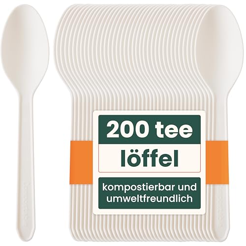 HAAGO 200-teilige Teelöffel (Weiß 13 cm / 5') – Umweltfreundlich, Biologisch Abbaubar & Kompostierbar – Wiederverwendbar, Robuste Kleine Löffel für Kaffee & Dessert – 100% Natürliches Besteck