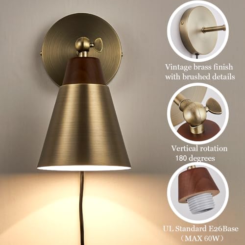 Image of Wall Sconce Set of 2, Wall Sconce with Metal Shade, Plug Switch, Indoor Decor Wall Mount Swing Arm Lamp for Bedroom,Hallway,Living Room,Reading, Vintage Brass