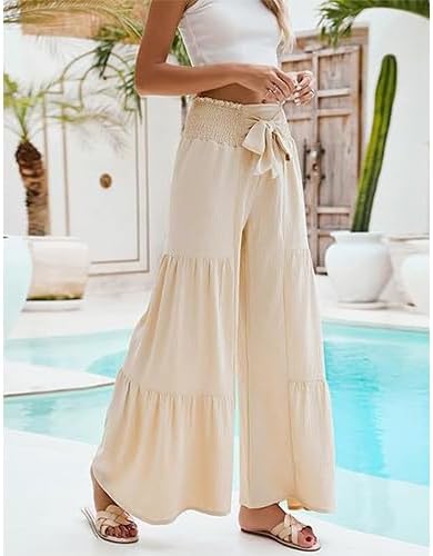 Women's High Waisted Lace Up Flared Pants Wide Leg Cake Wrinkled Casual Trousers