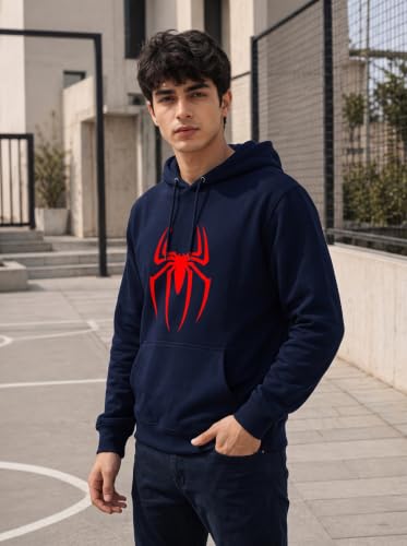 Image of More & More HOODMASTER Men's Cotton Hoodie Sweatshirt with Full Sleeves Regular Fit Solid Pattern Spider Printed Theme Hooded Neck and Standard Length | Cotton Hoodie Sweatshirt for Men