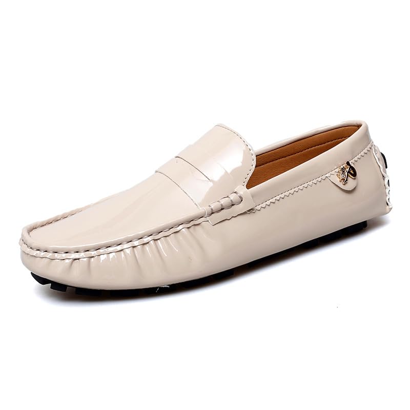 Battle Men Men's PU Leather Penny Moccasins Slip-On Driving Loafers Lightweight Casual Shoes with Flexible Anti-Slip Rubber Sole(Beige,12 M US)