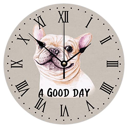 Orologio da parete con bulldog senza ticchettio – Un buon giorno Bulldog francese orologio da parete per cucina, ufficio, camera da letto decorativo da appendere, 22,3 x 25,3 cm