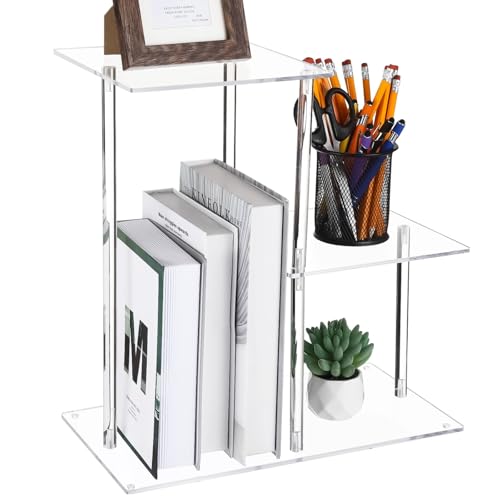NIMBLOOM 3-Tier Clear Acrylic Desktop Bookshelf, Desktop Shelves Organizer, Modern Table Top Shelf...