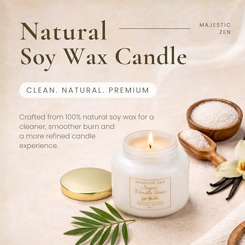 Image of Majestic Zen Vanilla Bean Soy Candle - 70-Hour Clean Burn Aromatherapy Candle with Warm Vanilla & Bourbon Scent - Large 19oz Jar Home Decor Gift Candle for Men & Women