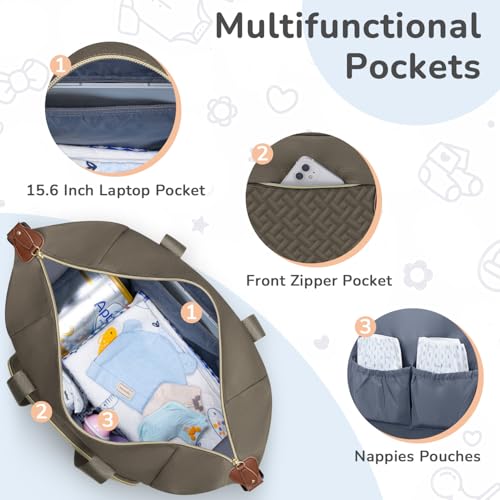 Image of Tenot Diaper Bag Tote with Pacifier Case, Baby Bag for Women with Shoulder Straps, Travel Diaper Tote for for Mom and Dad Khaki