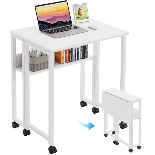 GreenForest Pequeño Escritorio Plegable con Estante de Almacenamiento y Ruedas,Mesa para el Ordenador, fácil de Montaje y Ahorro de Espacio para Officina,Blanco