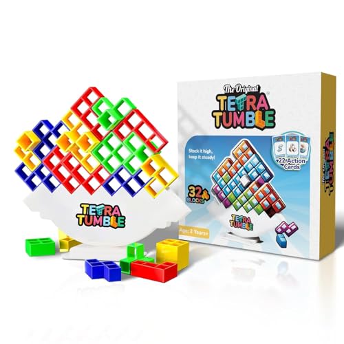 Image of Tetra Tower Game 32 Pcs (4 Shapes) - Stack Tower Blocks with 22 Cards, Swing & Balance Building Block Game for Kids & Adults, Interactive STEM Toy, Family Board Game, Travel & Party Fun