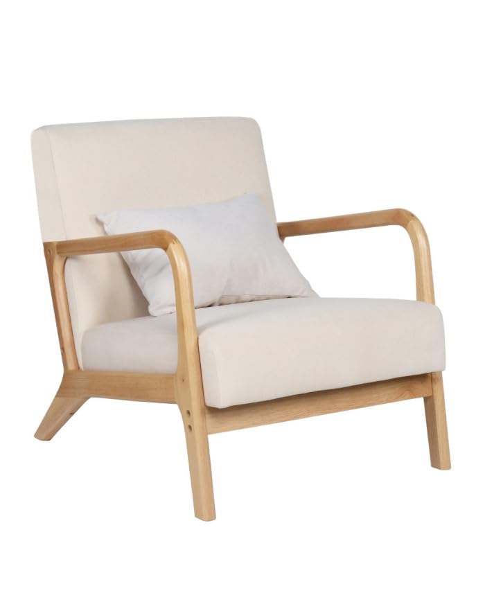 SWEET SOFA®   Butaca nórdica de Madera Maciza Nicole, tapizada Antimanchas, con cojín Incluido. 78x75x65cm (Beige y Madera Clara)