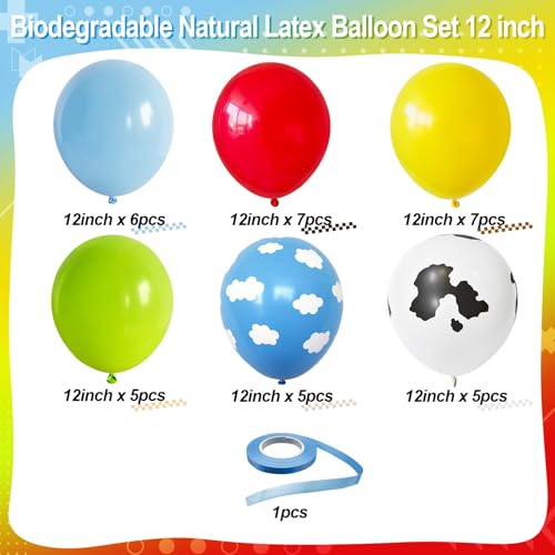 Image of Toy Kids Birthday Balloons, 12 Inch Red Yellow Blue balloons With Cow Print Sky Light Blue Cloud Balloon, Lime Green Balloon for Toy Birthday Decorations Boys Girls Party Decorations