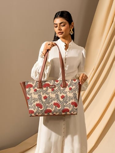 Image of ZOUK Nawabi Couture Floral Printed Women Jute Vegan Leather Space Blue Office Tote Bag for Ladies With Laptop Compartment