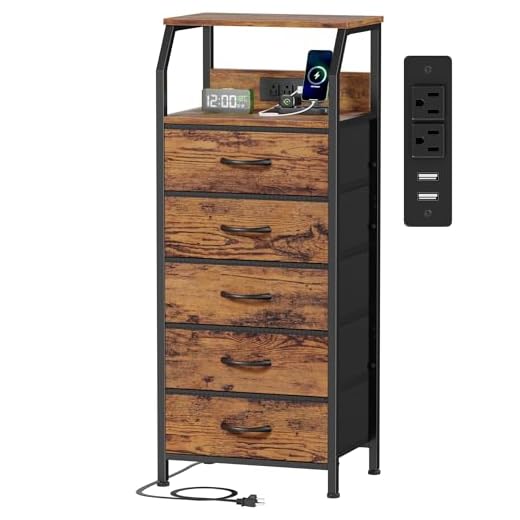 Stylish 5-Drawer Nightstand with Charging
