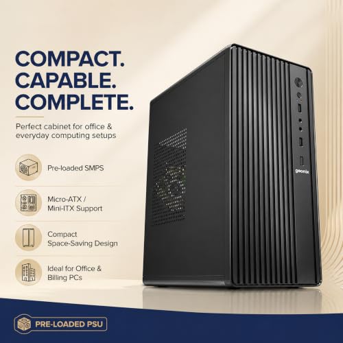 Image of Geonix Optima L1 Micro-ATX PC Cabinet with 200W in-Built SMPS, Mini-ITX Support, SSD & HDD Support, 4 Expansion Slots, Top PSU Design, USB & Audio Ports, Durable SPCC Steel Computer Case