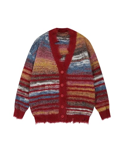 Y2K Colorblock Cardigan, Open Front V-Neck Oversized Sweater, Gradient Pinstripe - Colorful Knit Cardigans