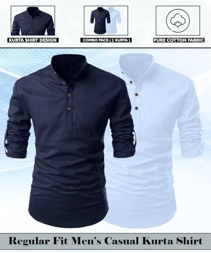 Image of FINIVO FASHION Combo of Men's Cotton Blend Solid Regular Fit Full Sleeve Straight Short Kurta Shirt, Casual and Formal Wear