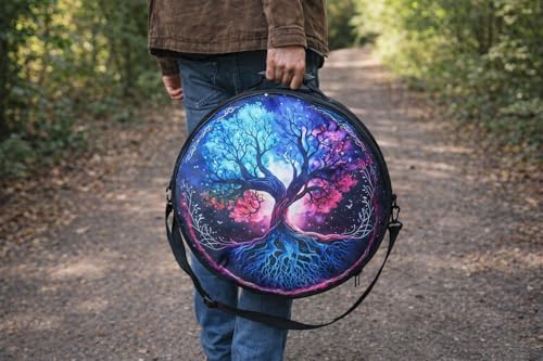 ARAW Shamanic Drum Bag, Tree of Life Design, Round Frame Drum Case, Hand Drum Protection, Bodhran Frame Drum Case with Shoulder Strap (16 Inches X 6 Inches)