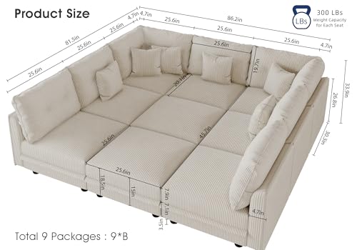 Image of LLappuil 137 inch Modular Sectional Sofa with Storage, 9 Seater Corduroy U Shaped Couch with 9 Throw Pillows, Convertible Sofas for Living Room, Pet-Friendly, Scratch Resistant, Reconfigurable, Beige