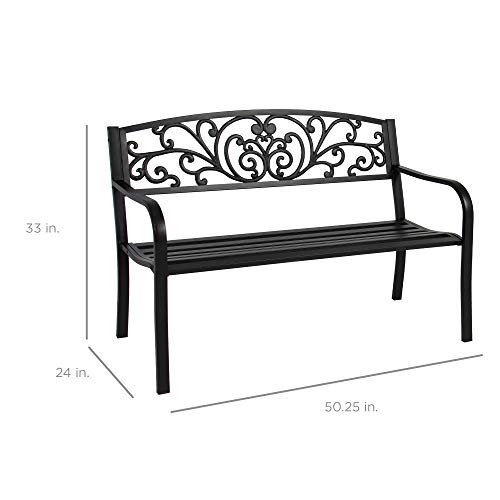 Best Choice Products Outdoor Bench Steel Garden Patio Porch Furniture for Lawn, Park, Deck w/Floral Design Backrest, Slatted Seat - Black - Image 3