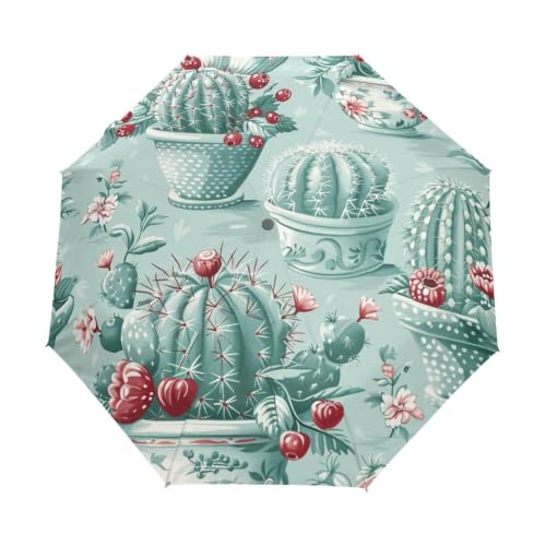 Parapluie Pliant à Ouverture Automatique Robuste et Léger avec Motif Fleurs de Cactus
