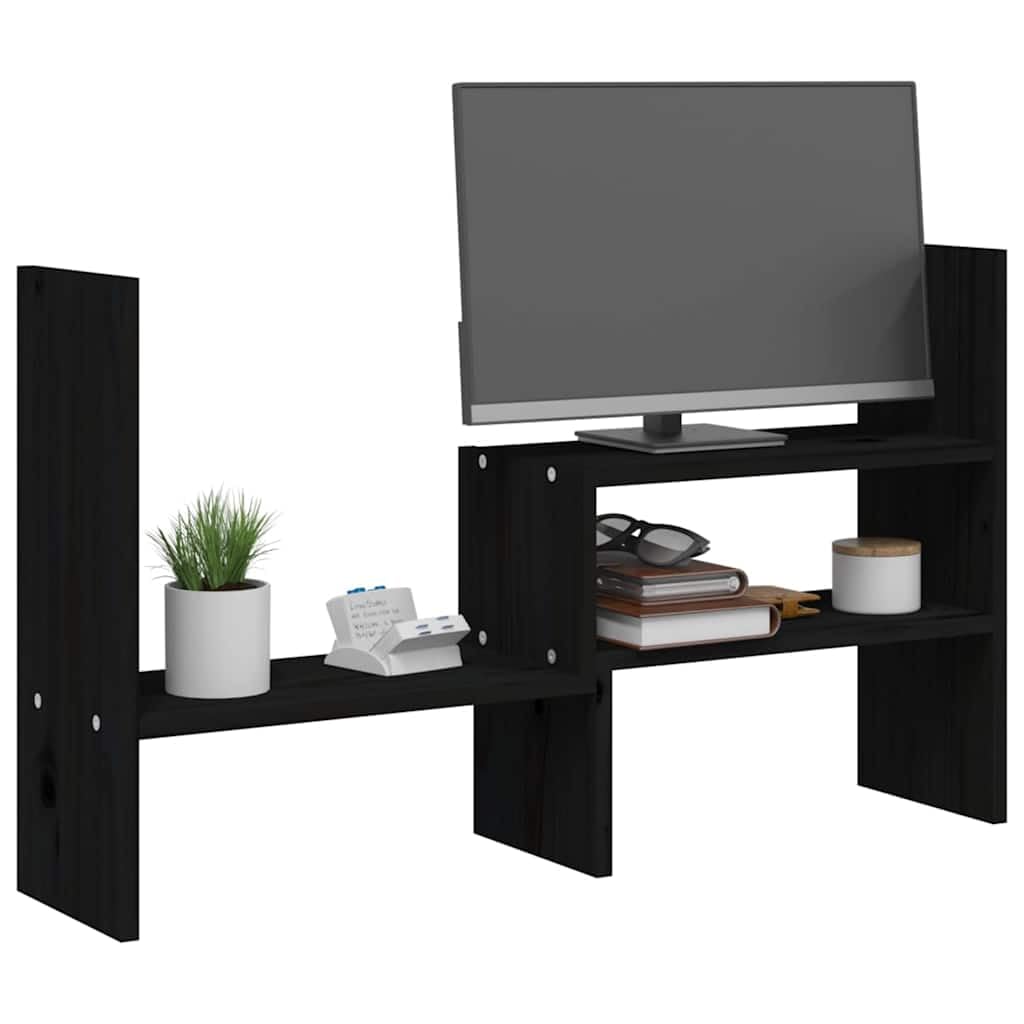 Stojak na monitor z litego drewna sosnowego w kolorze czarnym, regulacja wysokości 39-72 cm, idealny do ergonomicznej pracy, gier, biura domowego, gabinetu, z miejscem do przechowywania i