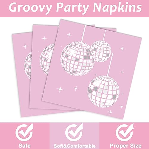 Image of 96PCS Pink Silver Disco Party Plates Napkins Disco Birthday Decoration 70s Theme Disposable Paper Cake Tableware Serve 24 Guests Women Girls Baby Shower Bachelorette Wedding Birthday Party Favor