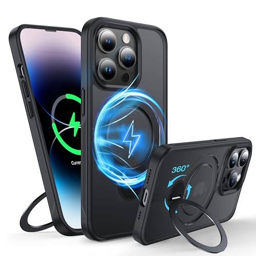FNDMIL 360°Rotatable Magnetic Ring for iPhone 14 Pro Max Case Compatible with MagSafe [Non-slip Texture Edge][Built-in Kickstand][Military Shockproof]Translucent Matte Soft Silicone Bumper Slim,Black by FNDMIL - Used condition - US$6.96