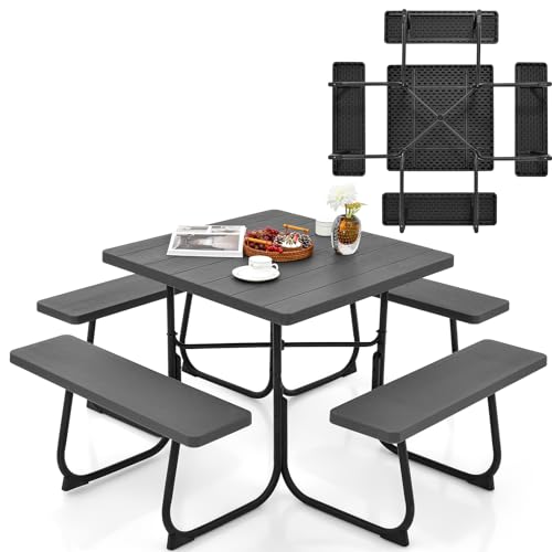 KOMFOTTEU Ensemble de Table de Pique-Nique pour 8 Personnes, 4 Sièges, Table d’Extérieur Carrée avec Trou pour Parasol, Meuble de Jardin en HDPE & Métal...